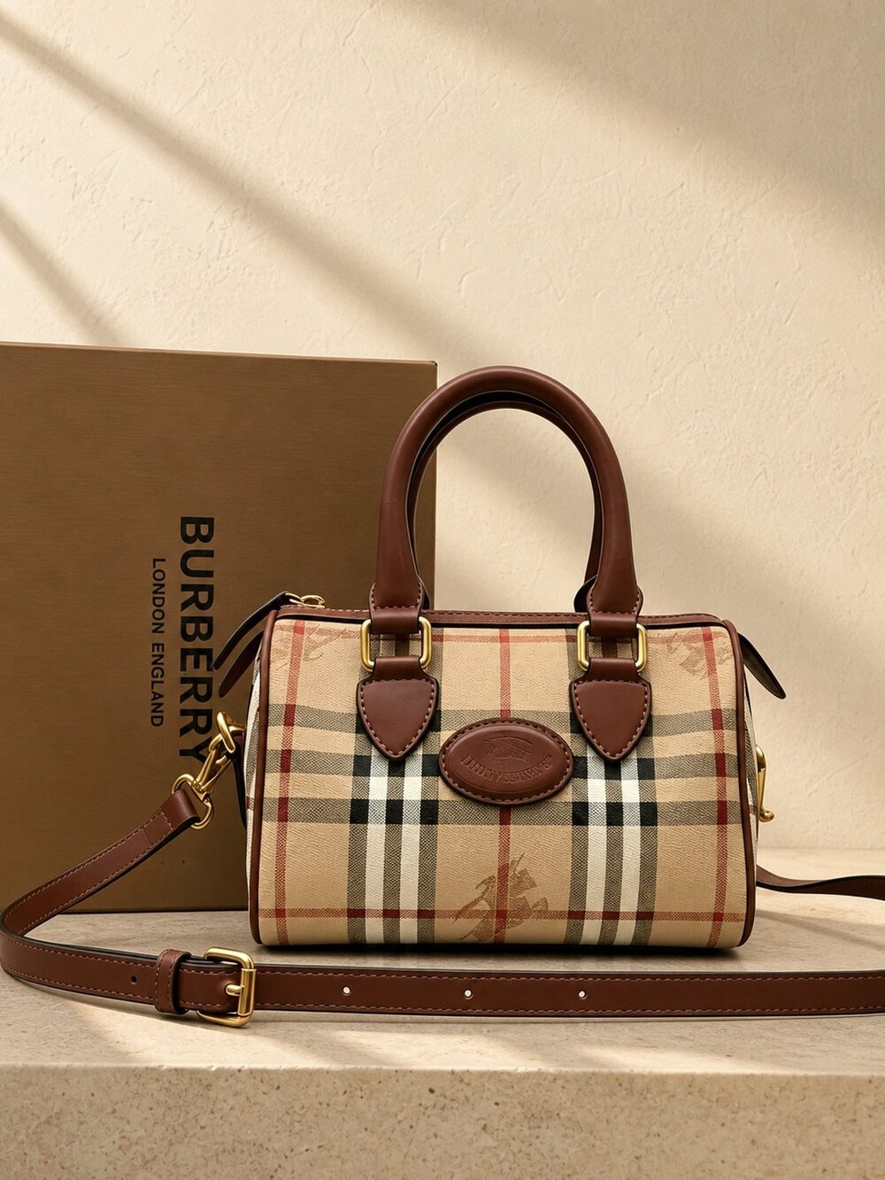 Burberry Mini Check Coated Canvas Bowling Handbag - Picture 5 of 6
